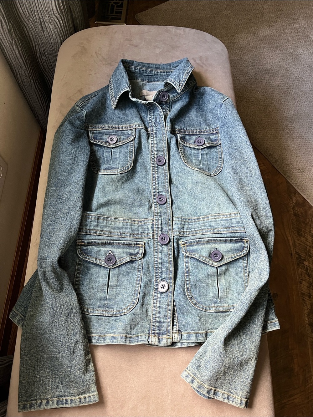 Vintage Forever 21 Washed Blue Denim Button-Front, Buckle Jacket